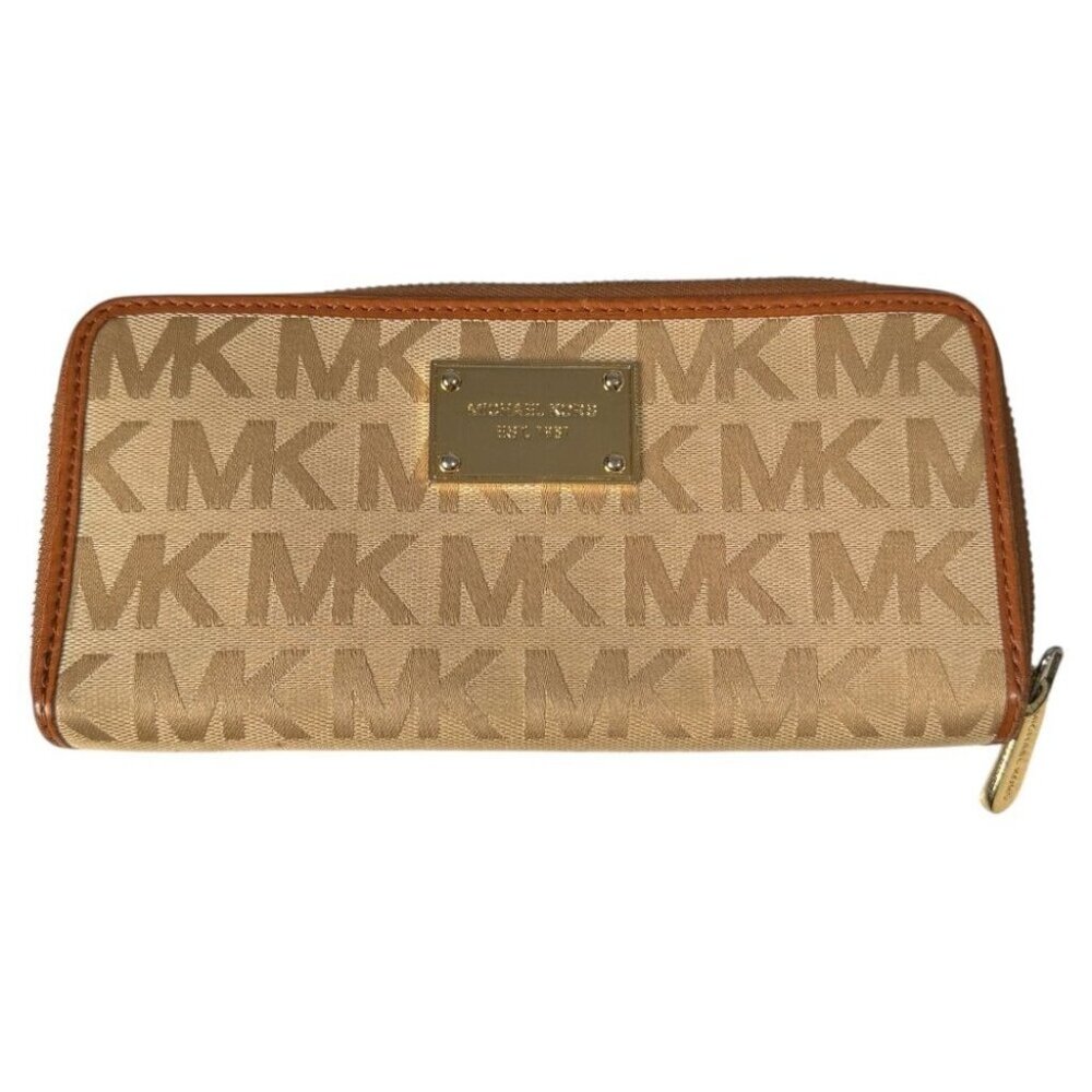 Michael Kors Zip Around Wallet Brown / Tan 8.5 x 4.5‎ inches ladies euc